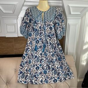Knox Rose Dress S Blue Print Short Sleeve Tassel Keyhole Boho Cottage Pockets
